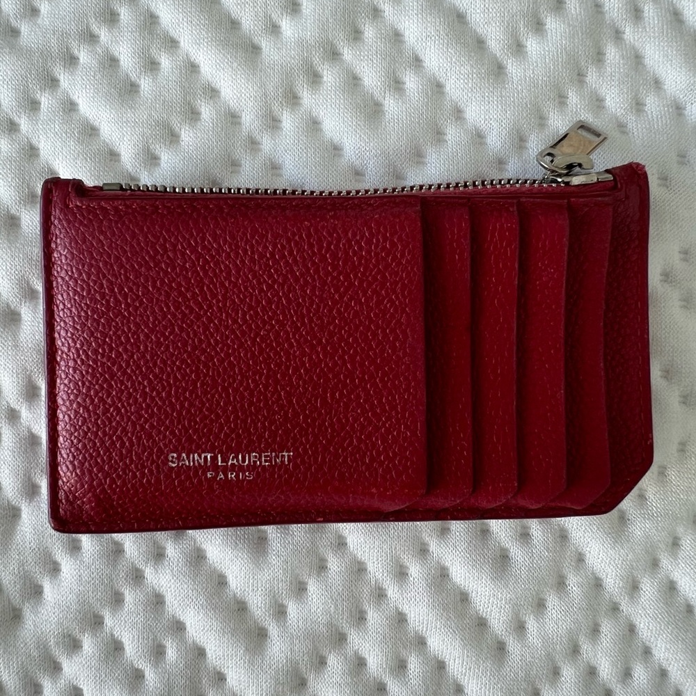 Saint Laurent Red Leather Zip Card Holder